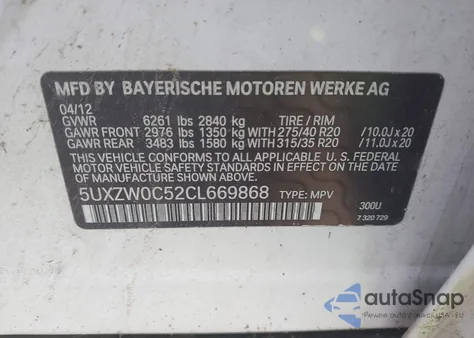 2012 BMW X5 xDrive35D z USA, uszkodzony, nr VIN 5UXZW0C52CL669868